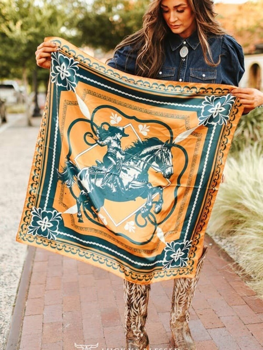 NEW Lucky & Blessed Mustard Jade Cowgirl Horse Printed Wild Rag Scarf
